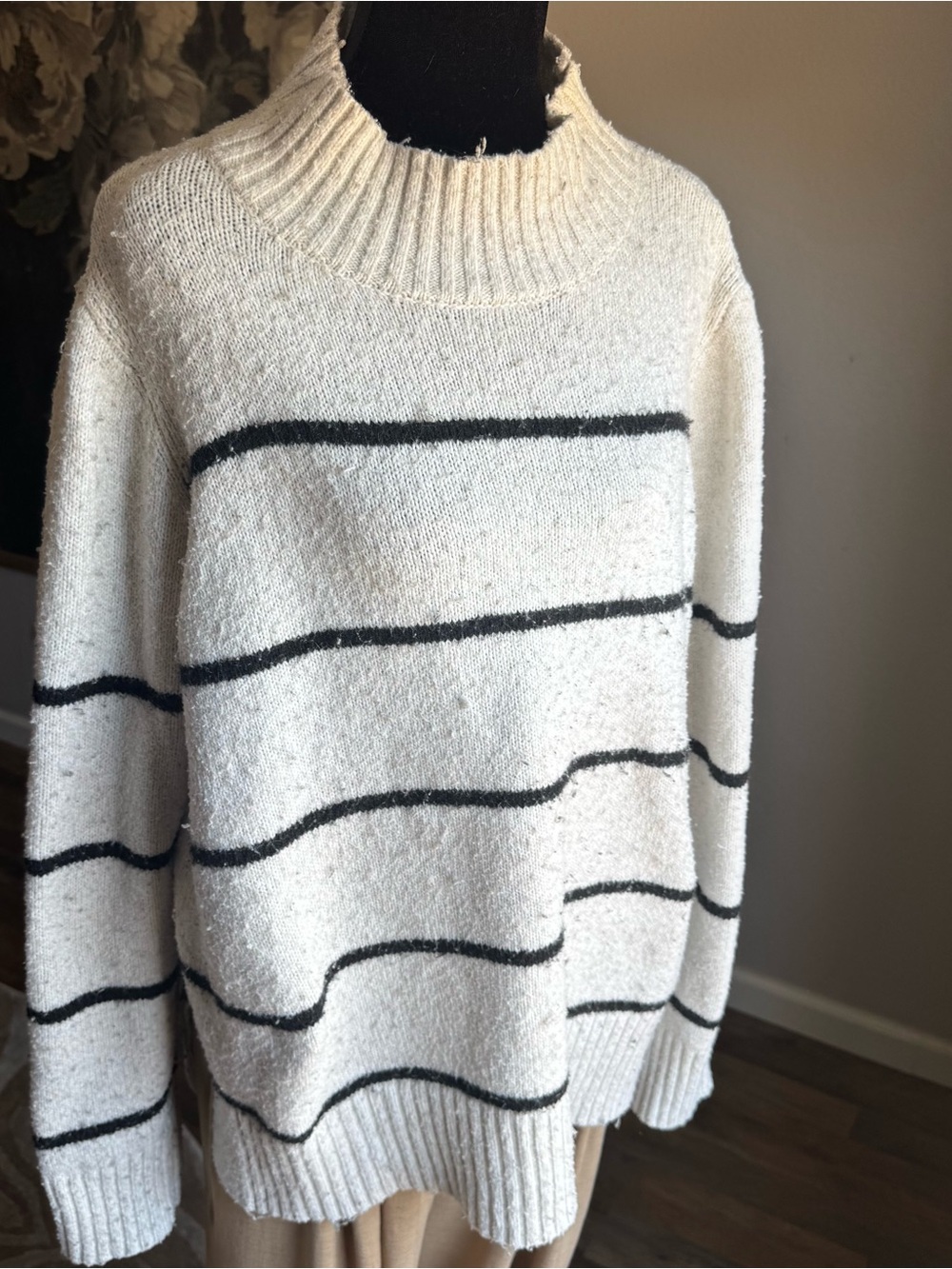 Carolyn Taylor Cream & Black Striped Mock Neck Sweater